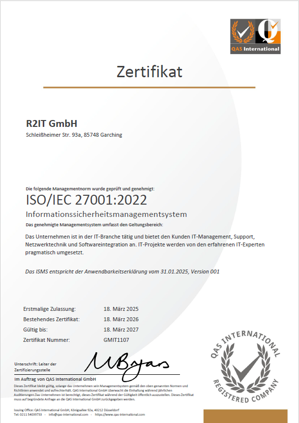 ISO/IEC 27001:2022 Zertifikat R2IT GmbH 2026